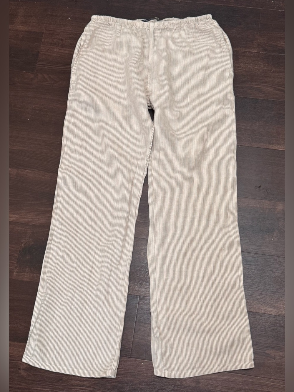 Brandy Melville 100% Linen Striped Neutral Wide-Leg Pants with Elastic Waist